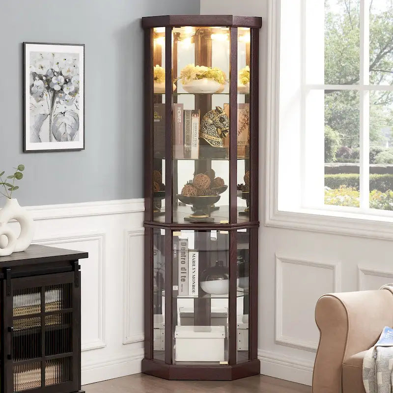 Vitrine d'angle éclairée en cerisier/chêne/blanc avec portes en verre et étagères réglables - Utilisation unique