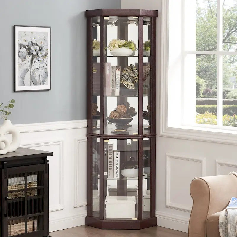 Vitrine d'angle éclairée en cerisier/chêne/blanc avec portes en verre et étagères réglables - Utilisation unique