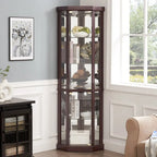 Vitrine d'angle éclairée en cerisier/chêne/blanc avec portes en verre et étagères réglables - Utilisation unique