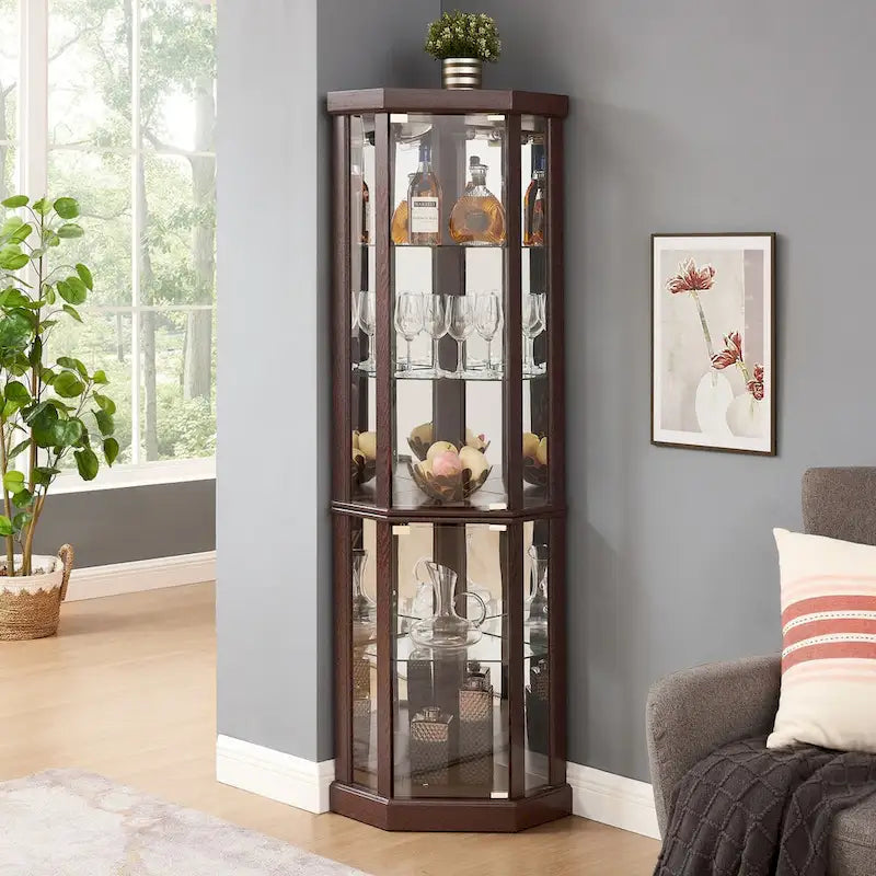 Vitrine d'angle éclairée en cerisier/chêne/blanc avec portes en verre et étagères réglables - Utilisation unique