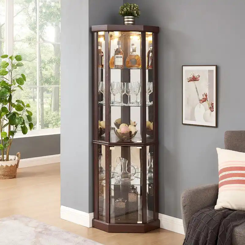 Vitrine d'angle éclairée en cerisier/chêne/blanc avec portes en verre et étagères réglables - Utilisation unique