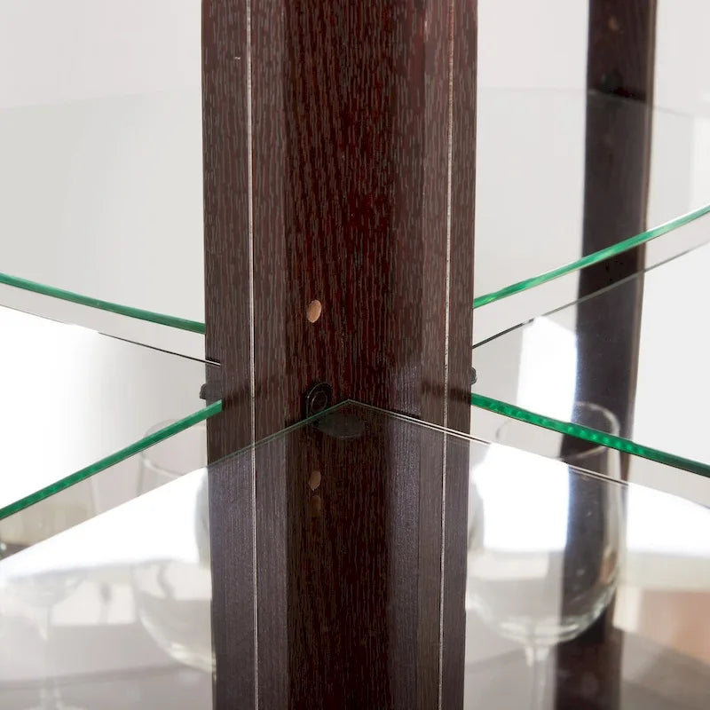 Vitrine d'angle éclairée en cerisier/chêne/blanc avec portes en verre et étagères réglables - Utilisation unique