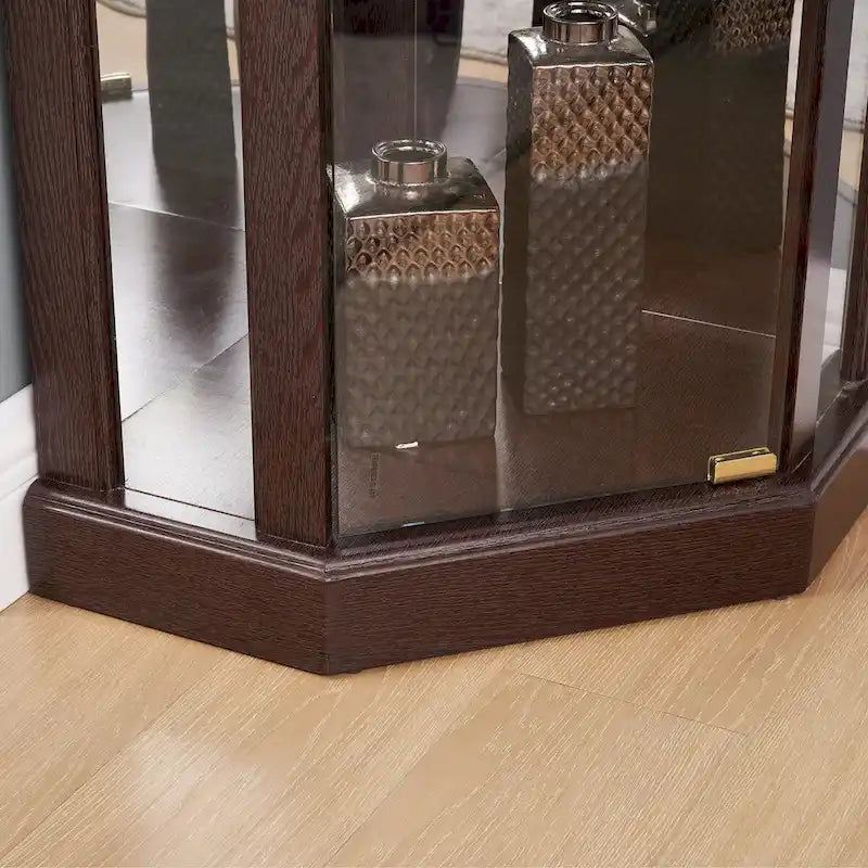 Vitrine d'angle éclairée en cerisier/chêne/blanc avec portes en verre et étagères réglables - Utilisation unique