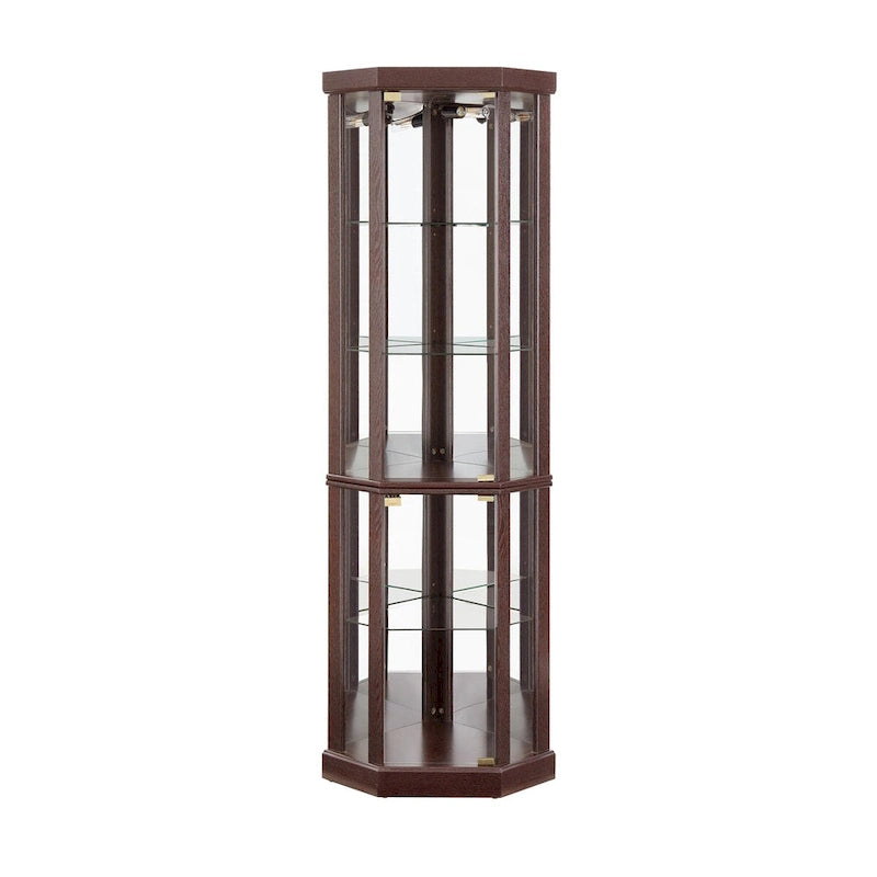 Vitrine d'angle éclairée en cerisier/chêne/blanc avec portes en verre et étagères réglables - Utilisation unique