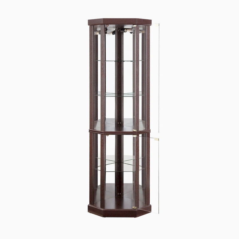 Vitrine d'angle éclairée en cerisier/chêne/blanc avec portes en verre et étagères réglables - Utilisation unique