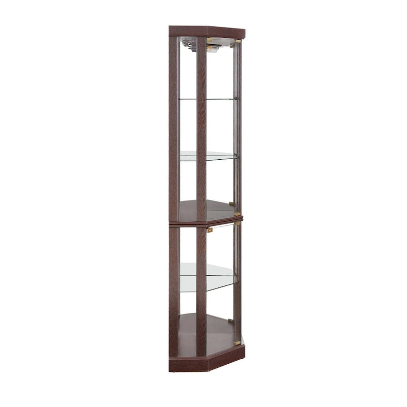 Vitrine d'angle éclairée en cerisier/chêne/blanc avec portes en verre et étagères réglables - Utilisation unique