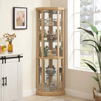 Vitrine d'angle éclairée en cerisier/chêne/blanc avec portes en verre et étagères réglables - Utilisation unique