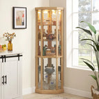Vitrine d'angle éclairée en cerisier/chêne/blanc avec portes en verre et étagères réglables - Utilisation unique