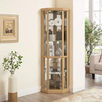 Vitrine d'angle éclairée en cerisier/chêne/blanc avec portes en verre et étagères réglables - Utilisation unique