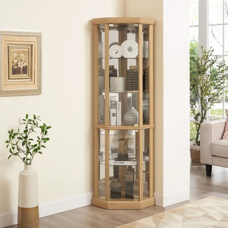 Vitrine d'angle éclairée en cerisier/chêne/blanc avec portes en verre et étagères réglables - Utilisation unique