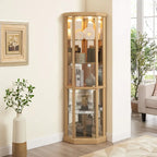 Vitrine d'angle éclairée en cerisier/chêne/blanc avec portes en verre et étagères réglables - Utilisation unique