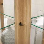 Vitrine d'angle éclairée en cerisier/chêne/blanc avec portes en verre et étagères réglables - Utilisation unique