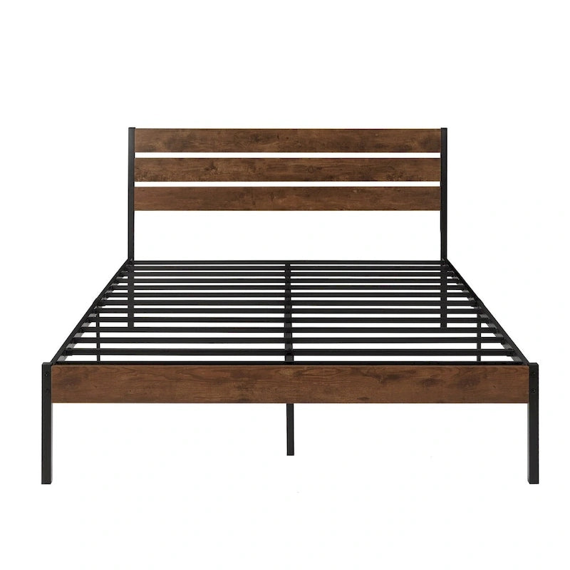 Cadre de lit plateforme en métal marron avec tête de lit en bois - Peut accueillir 2 personnes