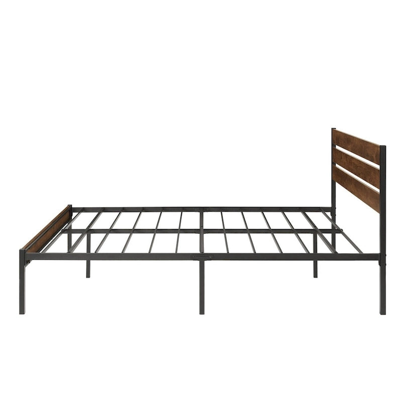 Cadre de lit plateforme en métal marron avec tête de lit en bois - Peut accueillir 2 personnes