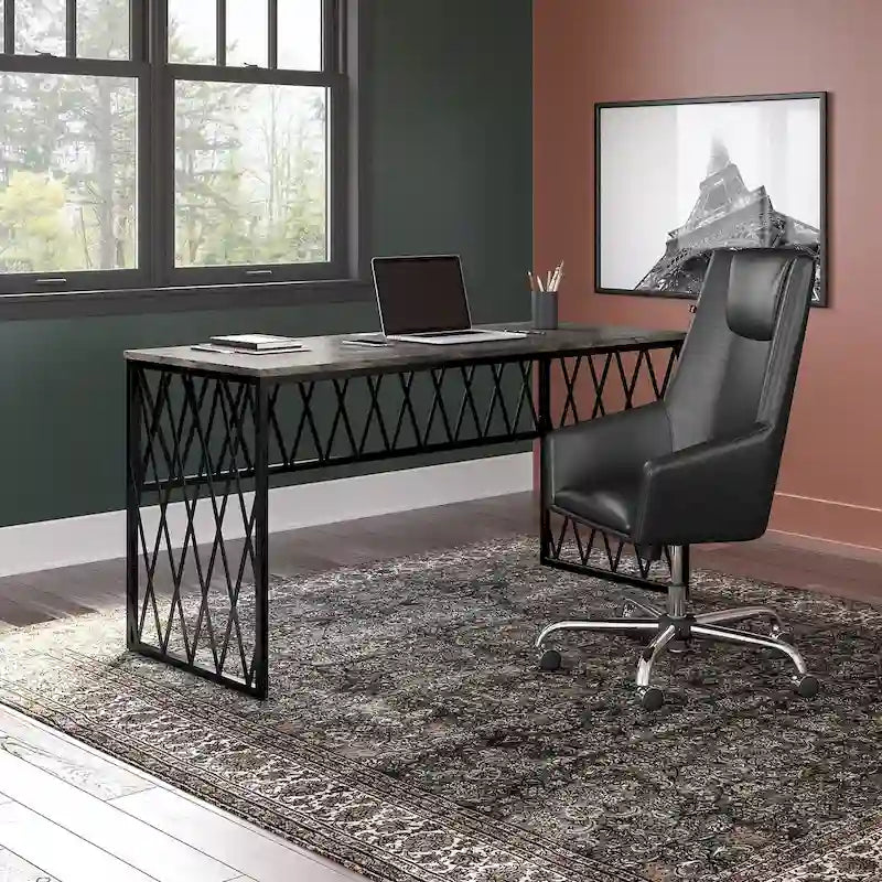 Bureau de travail industriel 60W gris bois flotté/hickory gris foncé avec cadre en métal et passe-câbles - Usage unique