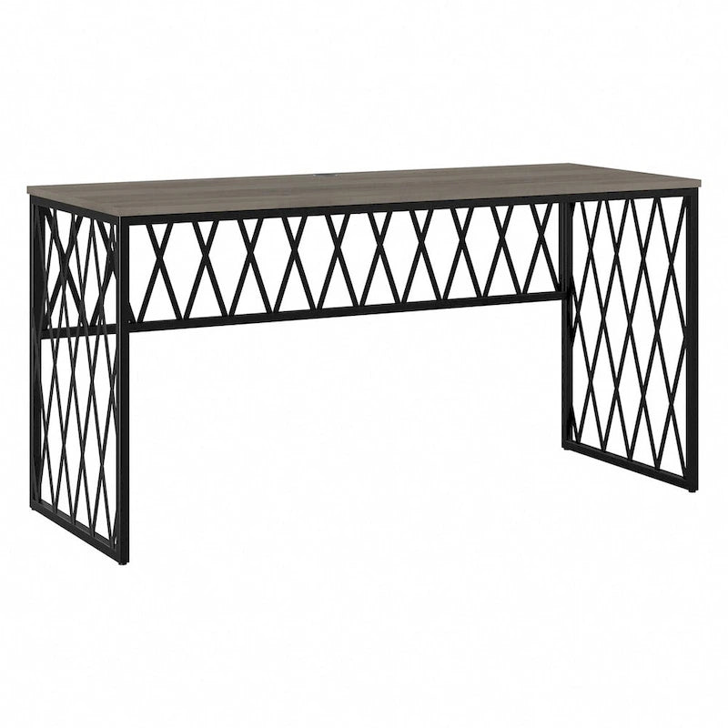 Bureau de travail industriel 60W gris bois flotté/hickory gris foncé avec cadre en métal et passe-câbles - Usage unique
