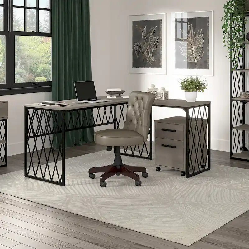 Bureau de travail industriel 60W gris bois flotté/hickory gris foncé avec cadre en métal et passe-câbles - Usage unique