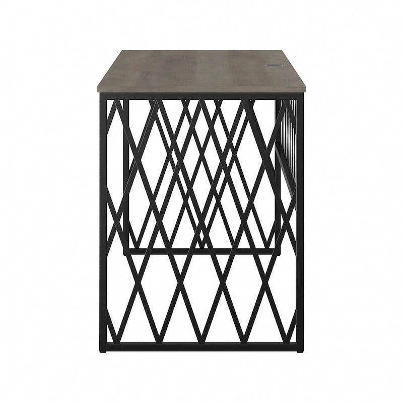 Bureau de travail industriel 60W gris bois flotté/hickory gris foncé avec cadre en métal et passe-câbles - Usage unique