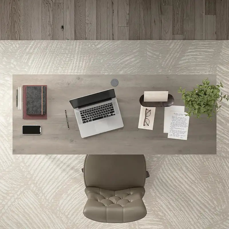 Bureau de travail industriel 60W gris bois flotté/hickory gris foncé avec cadre en métal et passe-câbles - Usage unique