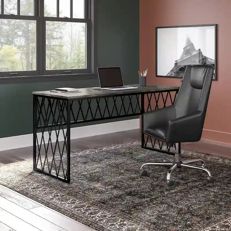 Bureau de travail industriel 60W gris bois flotté/hickory gris foncé avec cadre en métal et passe-câbles - Usage unique