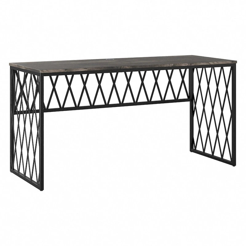 Bureau de travail industriel 60W gris bois flotté/hickory gris foncé avec cadre en métal et passe-câbles - Usage unique
