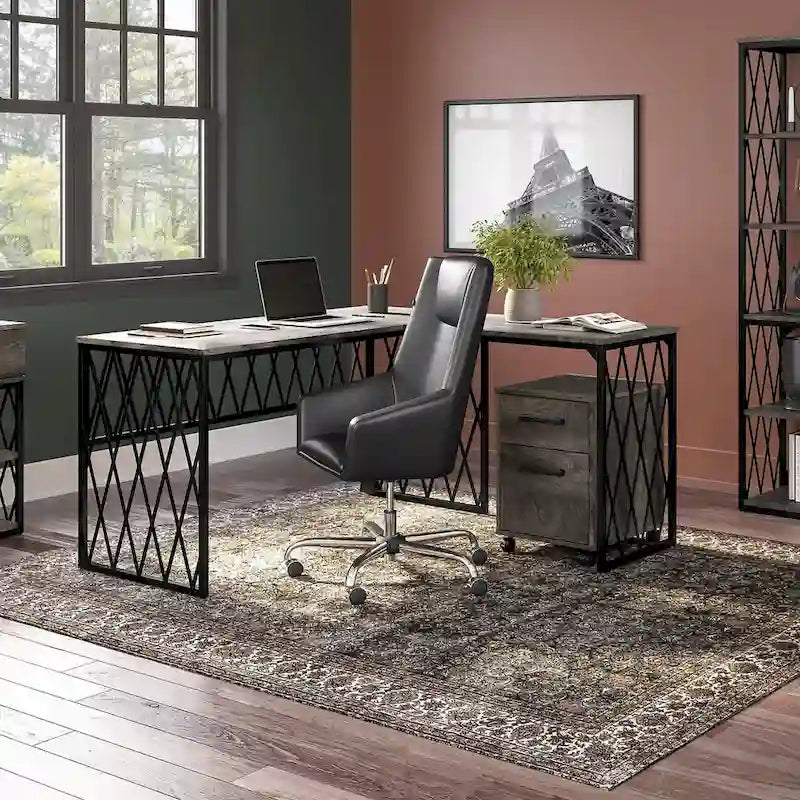 Bureau de travail industriel 60W gris bois flotté/hickory gris foncé avec cadre en métal et passe-câbles - Usage unique