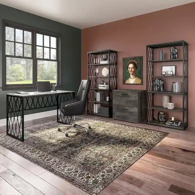 Bureau de travail industriel 60W gris bois flotté/hickory gris foncé avec cadre en métal et passe-câbles - Usage unique