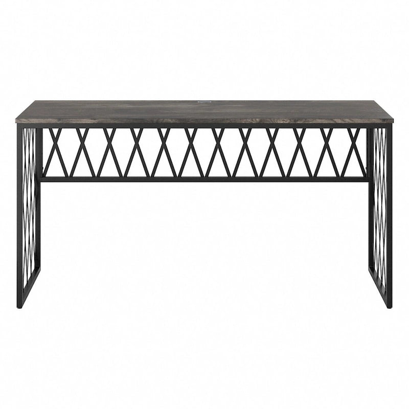 Bureau de travail industriel 60W gris bois flotté/hickory gris foncé avec cadre en métal et passe-câbles - Usage unique