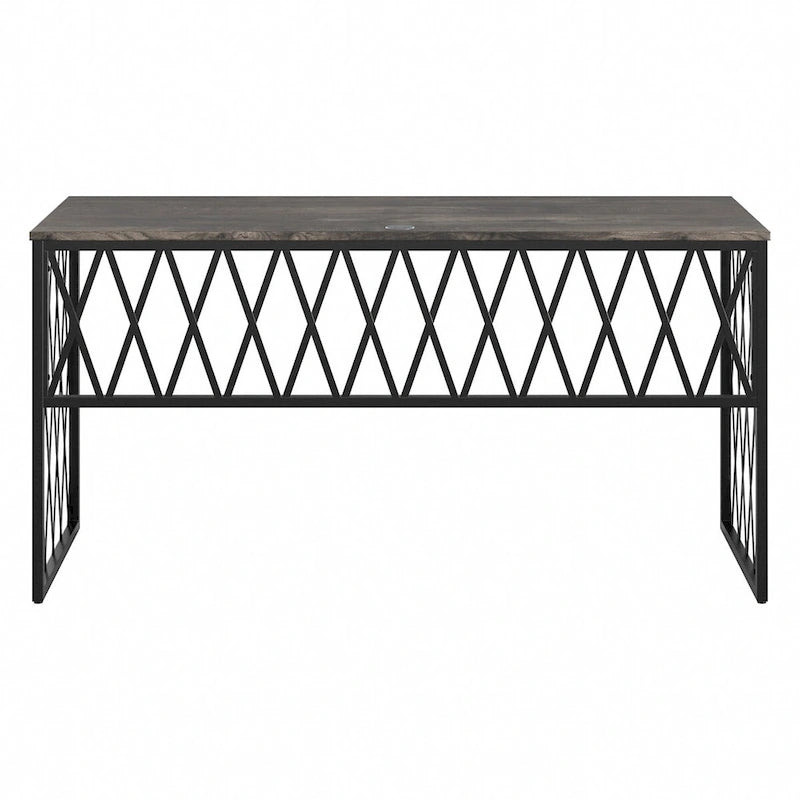 Bureau de travail industriel 60W gris bois flotté/hickory gris foncé avec cadre en métal et passe-câbles - Usage unique