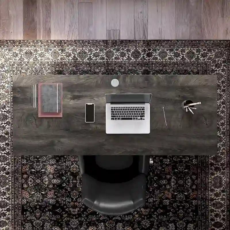 Bureau de travail industriel 60W gris bois flotté/hickory gris foncé avec cadre en métal et passe-câbles - Usage unique